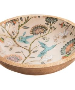 WOODEN & ENAMEL BOWL W/ BIRDS AND FLOWERS