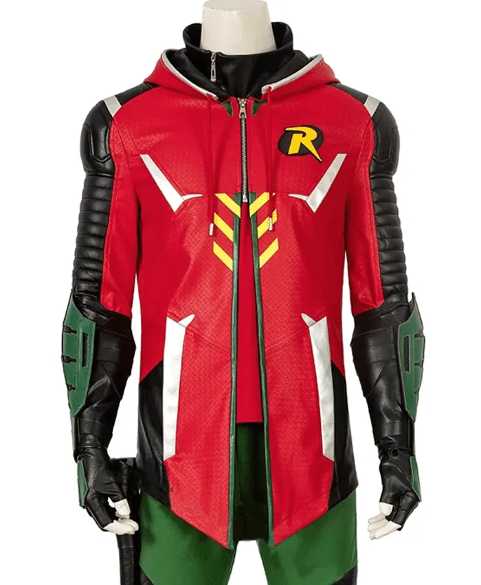 Gotham Knights Robin Hooded Red Leather Jacket