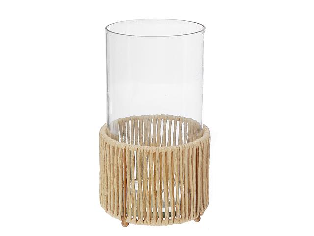 GLASS CANDLE HOLDER HURRICAN WITH METAL & RAFFIA BASE (LARGE)