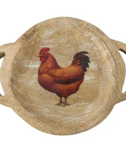 MANGO WOOD ENAMEL-COATED ROUND TRAY (ROOSTER PRINT)