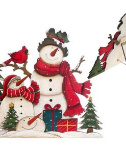 WOODEN DOUBLE SNOWMAN AND CARDINAL DECOR STAND